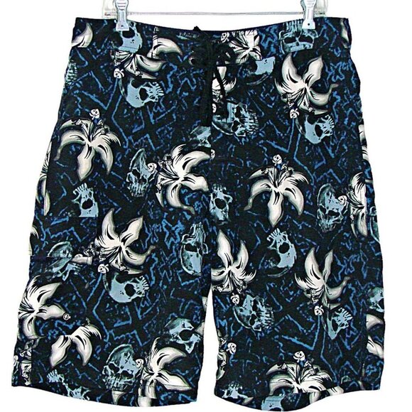 Mens Sideout Floral and Skulls Drawstring Hybrid Board Shorts Swim Trunks Sz 36 - Picture 1 of 12
